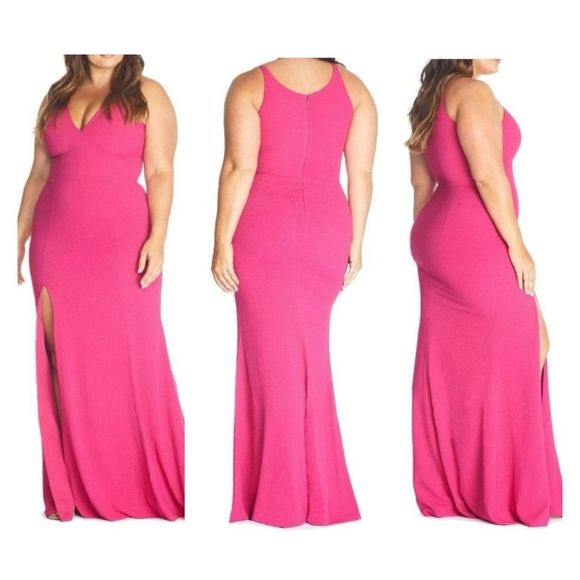 Dress the Population Dresses & Skirts - Dress the Population Iris Crepe Plunging Mermaid Gown Large Fuschia Pink Maxi
